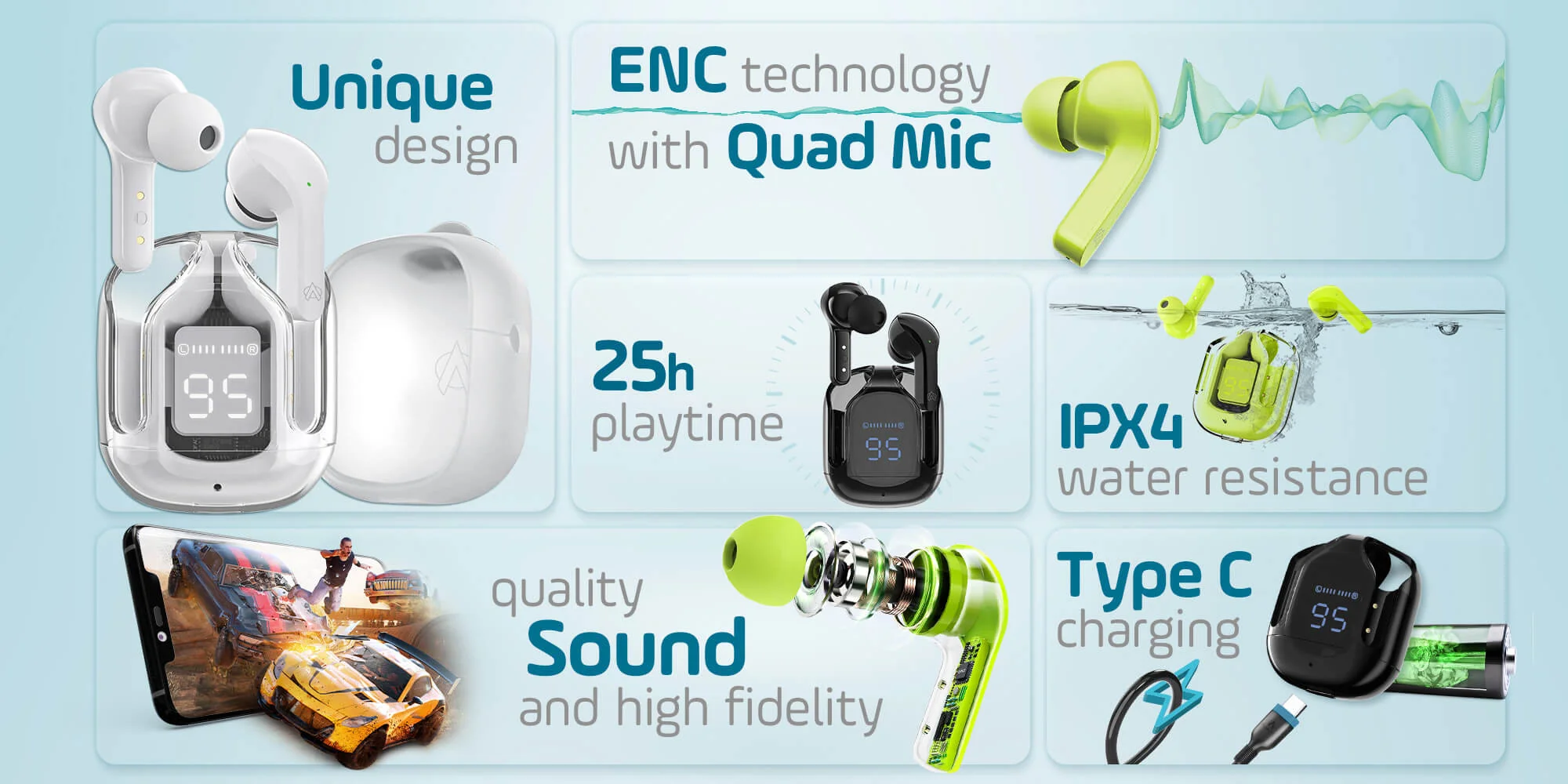 Air31 Earbuds Wireless Crystal Transparent Bluetooth 5.3