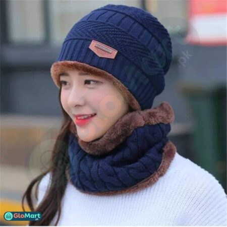 (blue Color) New Stylish Cotton Beanie Full Set-2 Piece Cap + Neck Warmerhat & Warmertopi Hat Cap Neck Warmer Muffler Beanie Cap Neck Warmer - 1