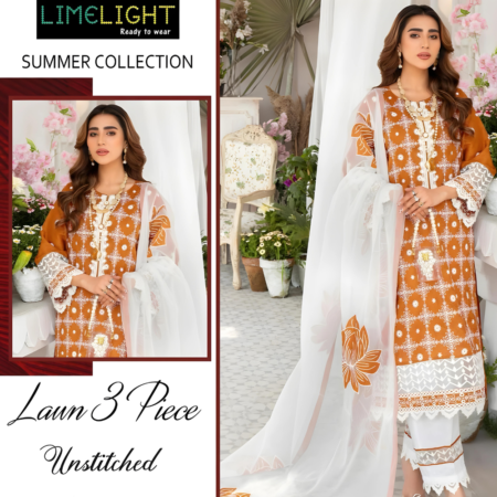 Florent Summer Collection - Lawn 3pc Set with Full Embroidery Light Orange