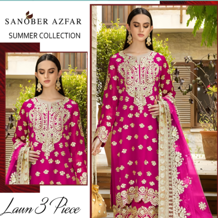 Florent Summer Collection - Lawn 3ps Set with Full Embroidery Dark Pink