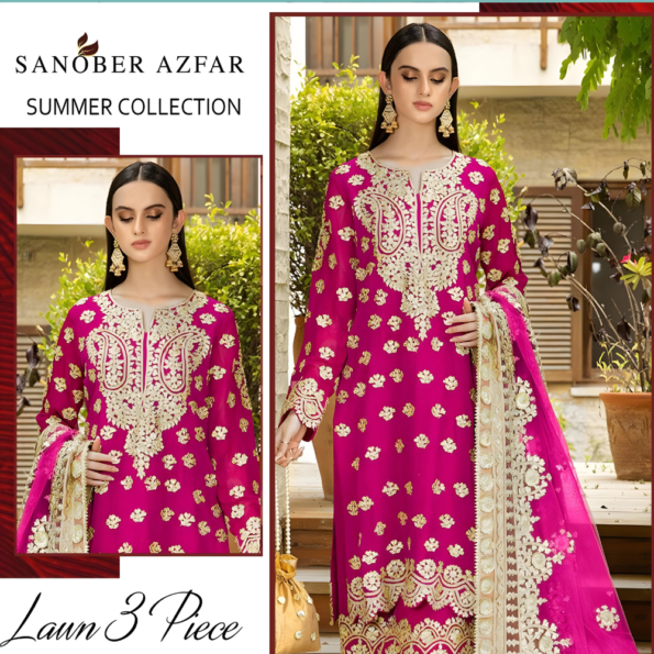 Glomart Product image Florent Summer Collection Lawn 3pc dark pink Full Embroidery glomart pk