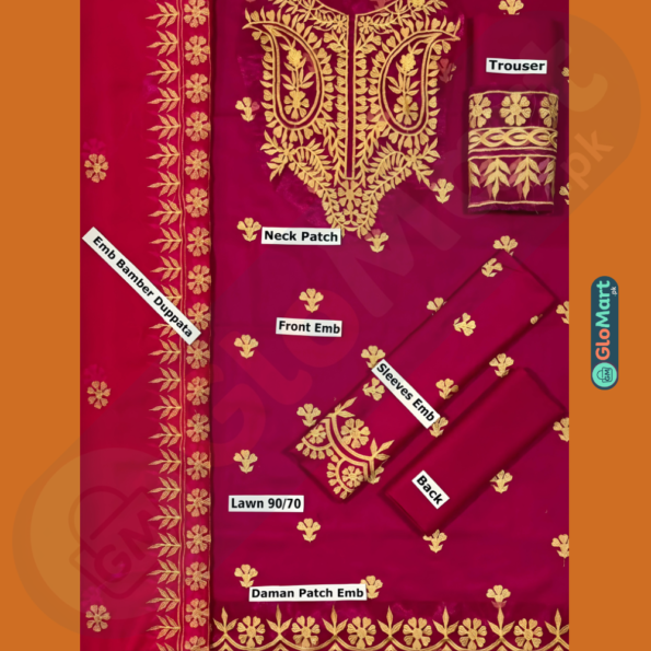 Lawn 3ps Set with Full Embroidery Dark Pink 1