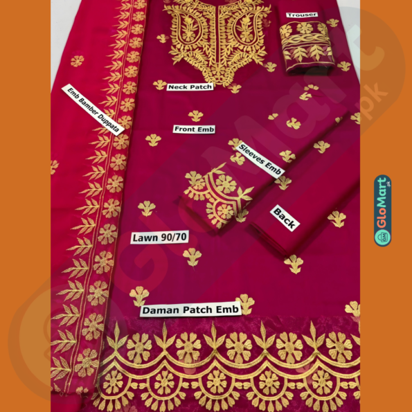 Lawn 3ps Set with Full Embroidery Dark Pink