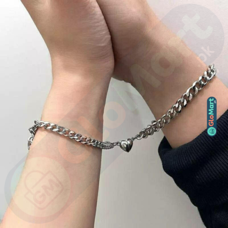 Trendy Silver Couple Bracelet Set with Heart Design