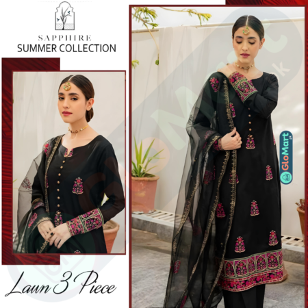 Florent Summer Collection - Lawn 3pc Set with Full Embroidery Black