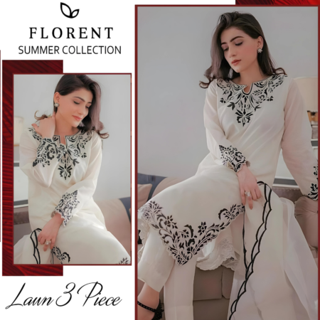 Florent Summer Collection - White Lawn 3pc Set with Full Embroidery