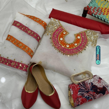 3 Pc Embroidered Organza Suit Set with Clutch and Khussa