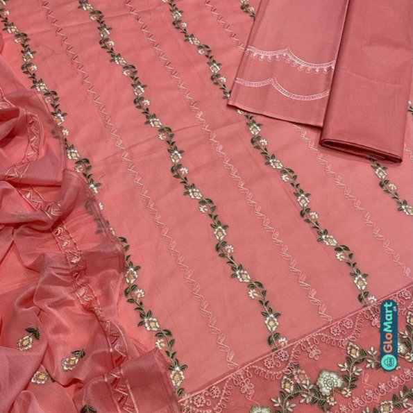 Glomart Product image 3 Piece Womens Unstitched Organza Embroidered Suit 3 1