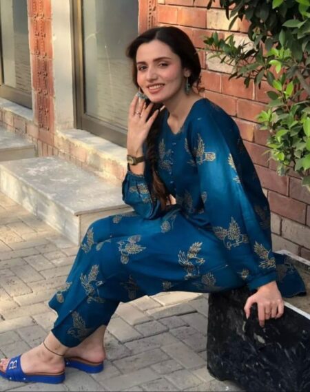 2 Pcs Sparrow Print Stitched Suit Linen Casual Wear For Women