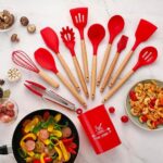 wooden-handle-silicone-kitchen-utensils-with-storage-bucket-high-temperature-resistant-and-non-stick-pot-spatula-spoon-random-color – 1