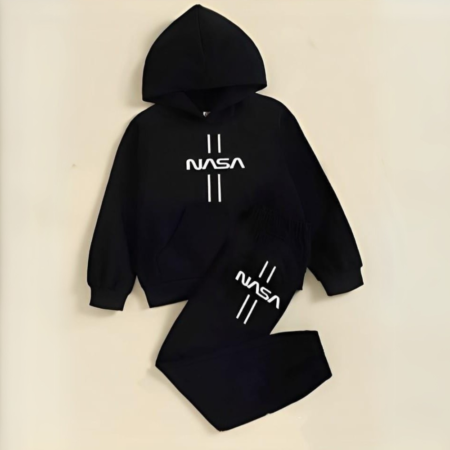 2 Pcs Boy's Fleece Printed Hoodie Tracksuit – Black