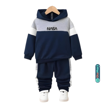 2 Pcs Boy's Fleece Printed Hoodie Tracksuit – Blue