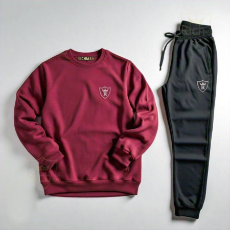 2 Pcs Unisex Fleece Plain Track Suit – Black & Maroon