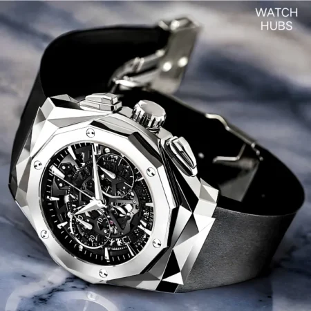 Stylish Men’s Black Watch with Skeleton Dial & Rubber Strap