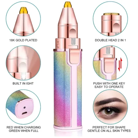 2-in-1 Rechargeable Women's Facial Hair Remover and Eyebrow Trimmer with LED