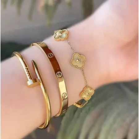 3-Piece Stainless Steel Bracelet Set for Women | Nail & Leaf Design Bangles