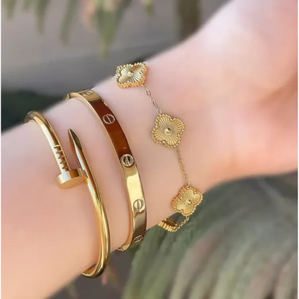 3-Piece Stainless Steel Bracelet Set for Women | Nail & Leaf Design Bangles