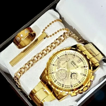 Business Steel Strap Round Dial Watch Set for Men | Watch, Bracelet, Chain & Ring