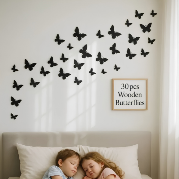 Pack of 30 Wooden 3D Butterfly Wall Decor | MDF Wooden Butterflies with Adhesive Tape for Bedroom, Living Room & Home Decoration