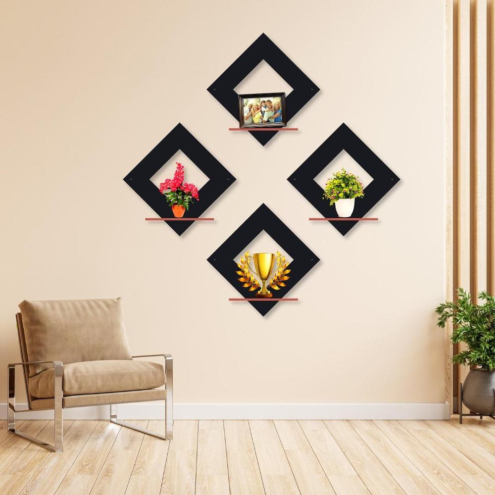Modern Diamond Wall Shelves Set of 4 MDF Black
